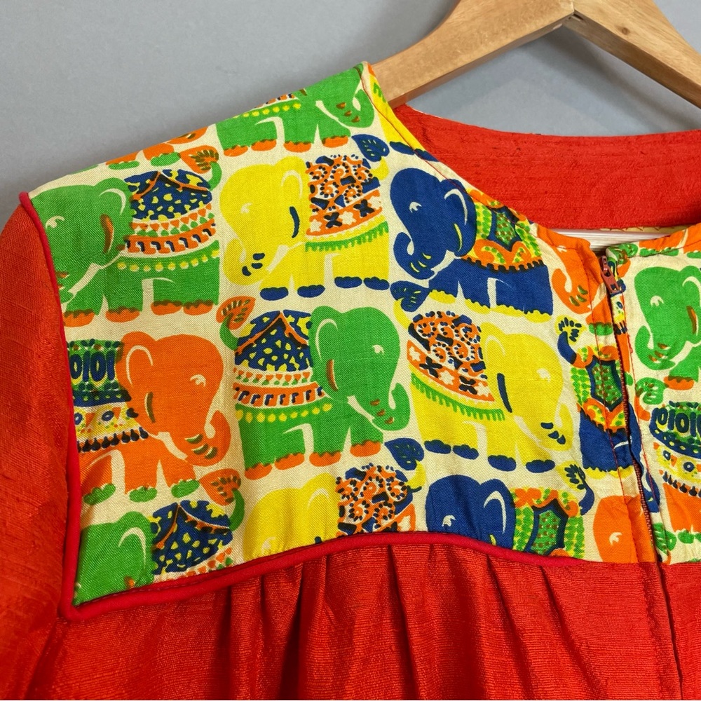 Vintage Caftan Dress Maxi Women‎ Kaftan Muumuu Elephants Reddish Orange Zip-Up - Picture 7 of 15